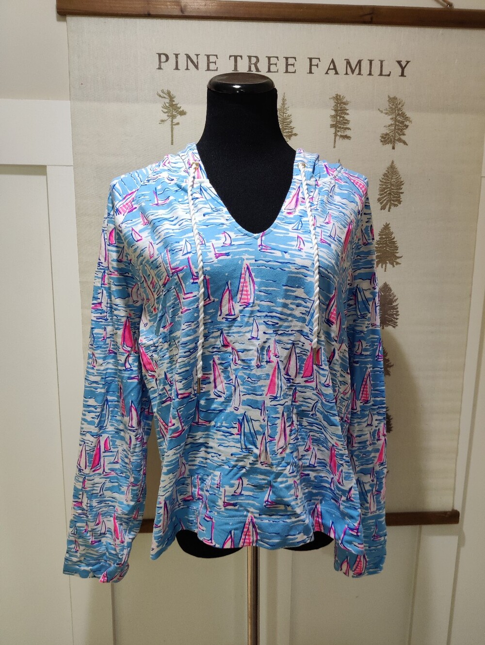 Lilly Pulitzer Sailboat Print Terry Hoodie XL Blue Pink Nautical Coastal